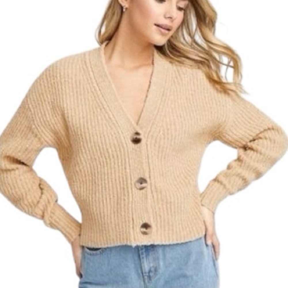 Frank and Oak Womens Beige Cropped Tortiseshell Button Cardigan Size Medium